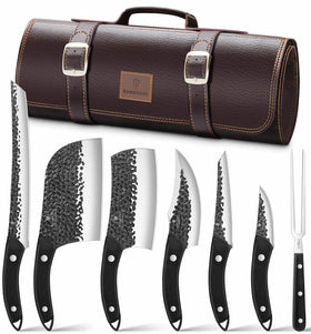 Sanmeiho 8-piece butcher knife set displayed in leather roll for portable meat prep