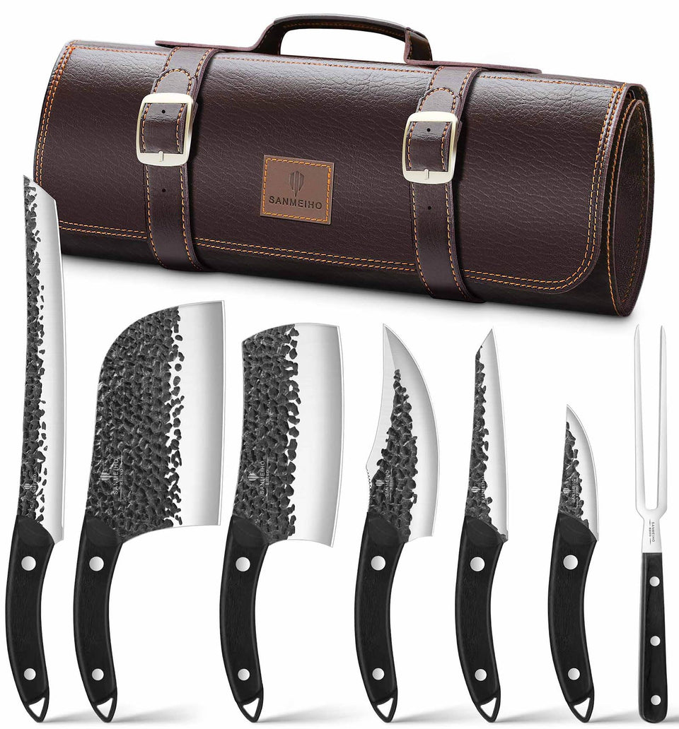 Sanmeiho 8-piece butcher knife set displayed in leather roll for portable meat prep