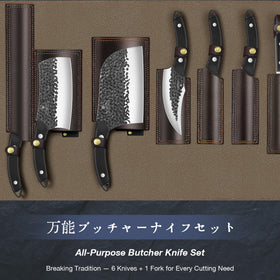 Sanmeiho hand-forged chef knives close-up with hammered blades for smooth slicing