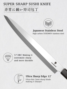 SANMEIHO sashimi knife edge at 57 HRC for rust protection.