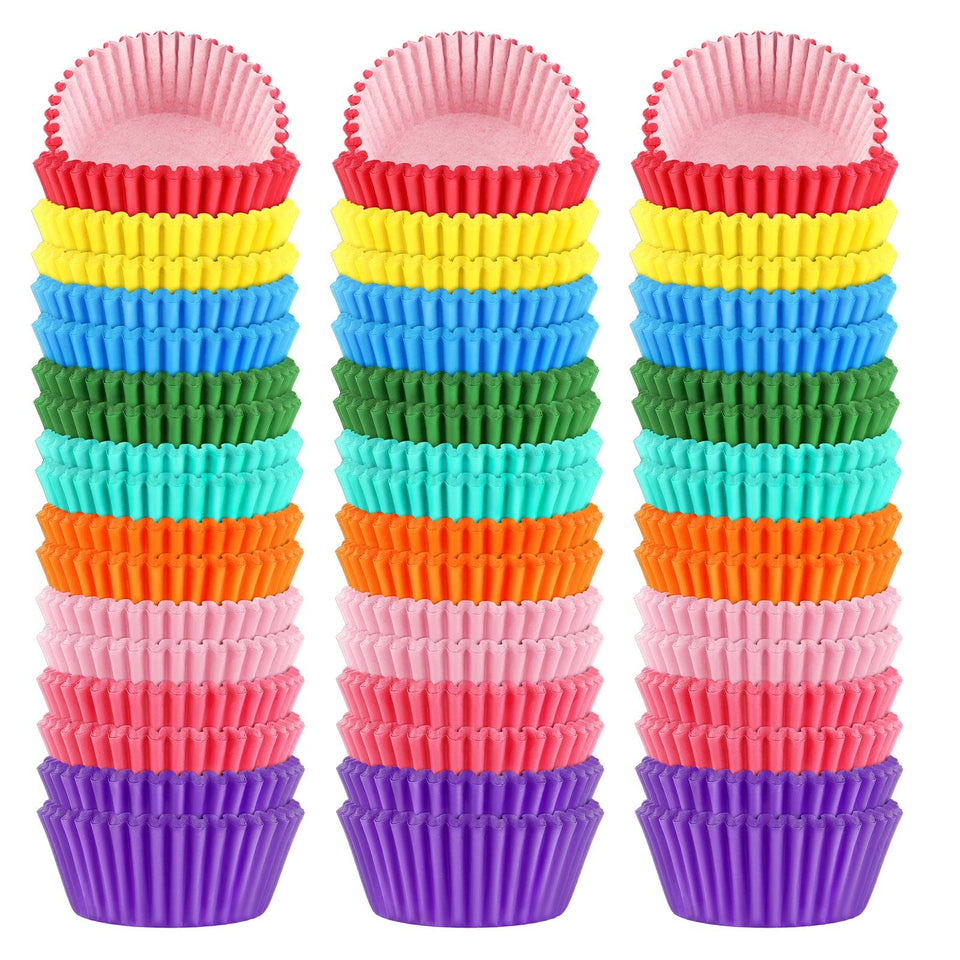 SANNIX rainbow cupcake liners in nine colors for vibrant party desserts.