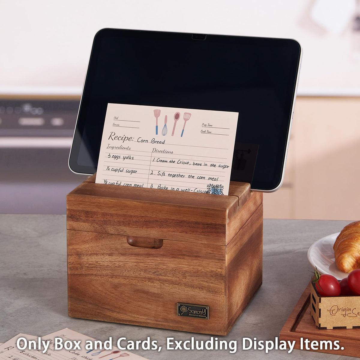 Sanosy Acacia recipe box built-in phone holder keeps device accessible while cooking.