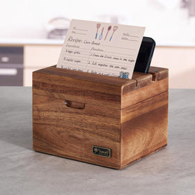 Sanosy Acacia recipe box closed showing premium wood and organized card storage.