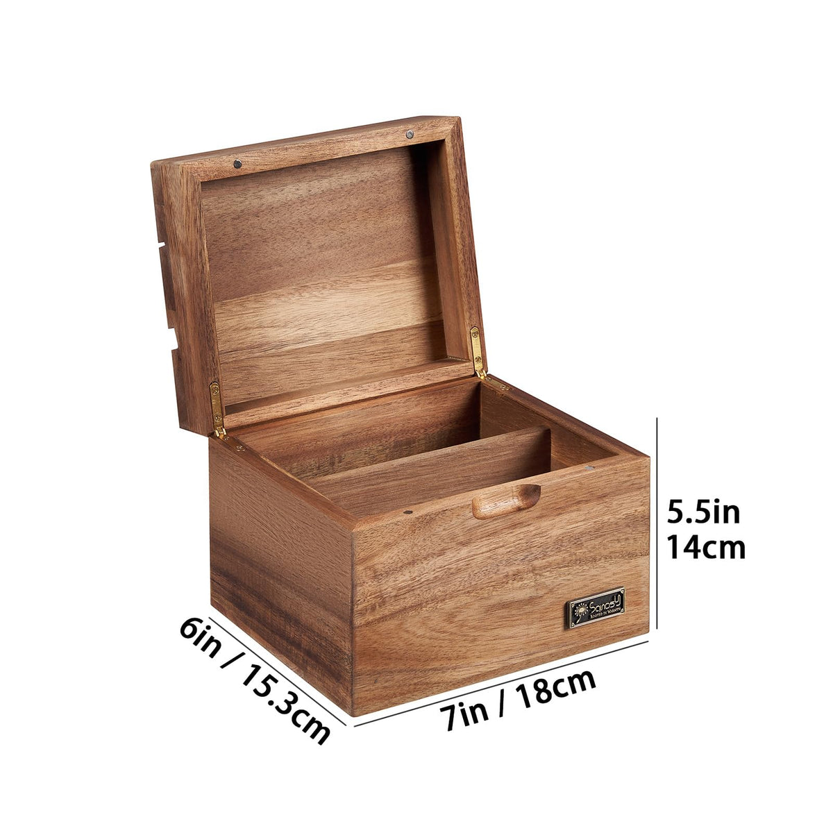 Sanosy Acacia recipe box double-compartment keeps cards and space tidy.