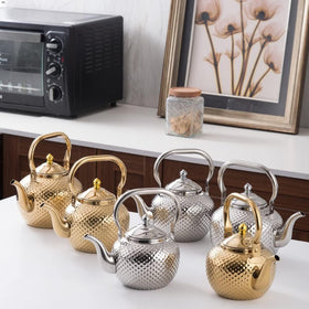 SANQIAHOME teapot shown in home, restaurant, or camping scenarios.