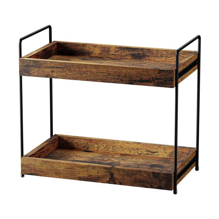 SANRETAHO 2 tier bathroom organizer on wood shelves keeps bottles organized and accessible