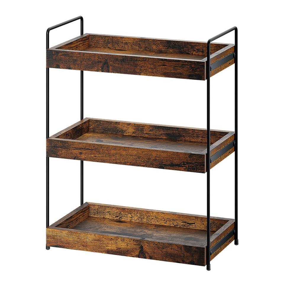 SANRETAHO bathroom counter organizer, top view, three-tier design keeps bottles organized.