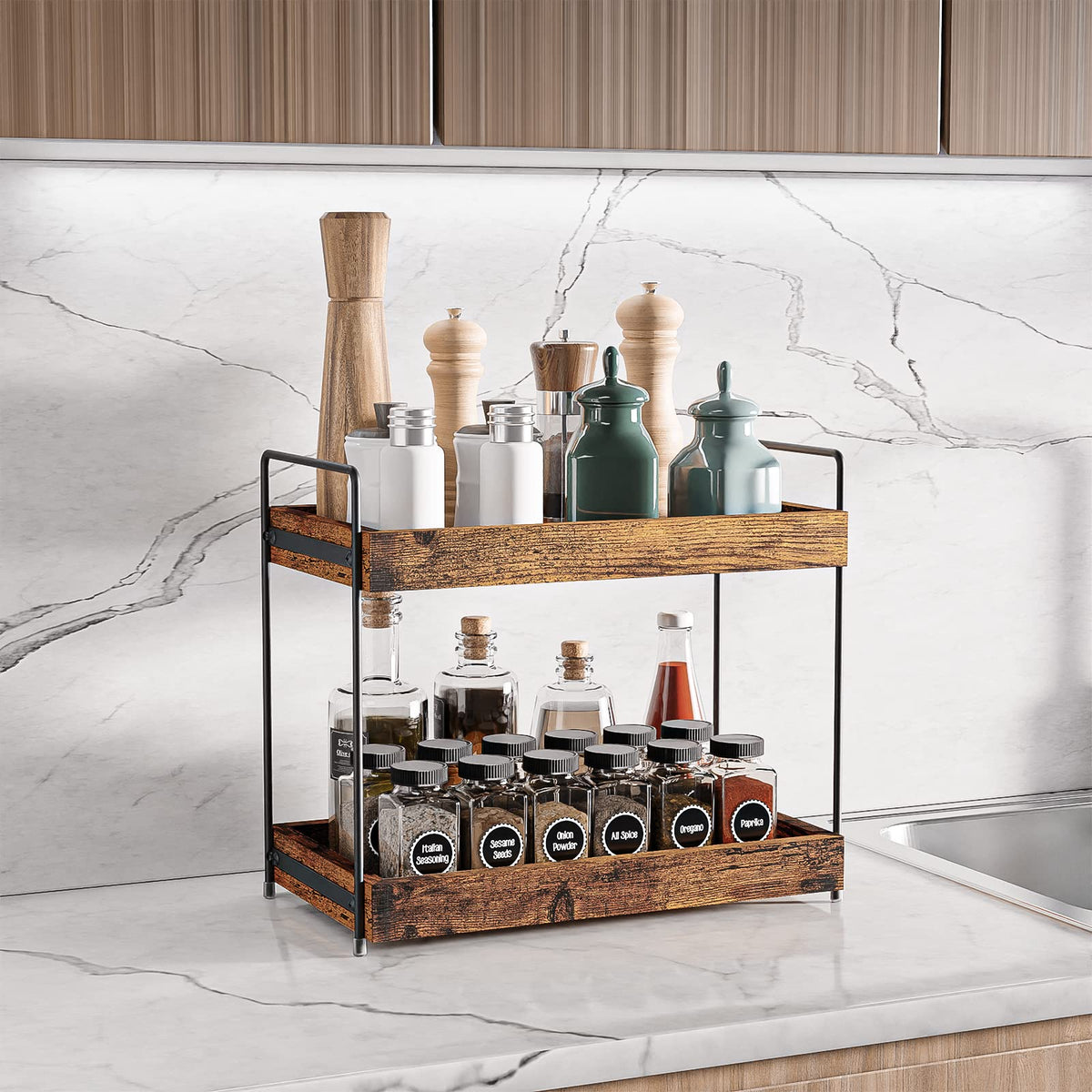 SANRETAHO wood countertop spice rack keeps jars neatly arranged and easy to wipe clean