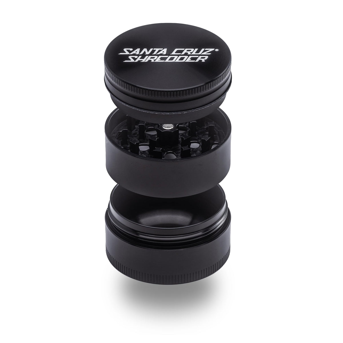 Santa Cruz Shredder 3-piece grinder viewed from top, smooth grinding action for even results.
