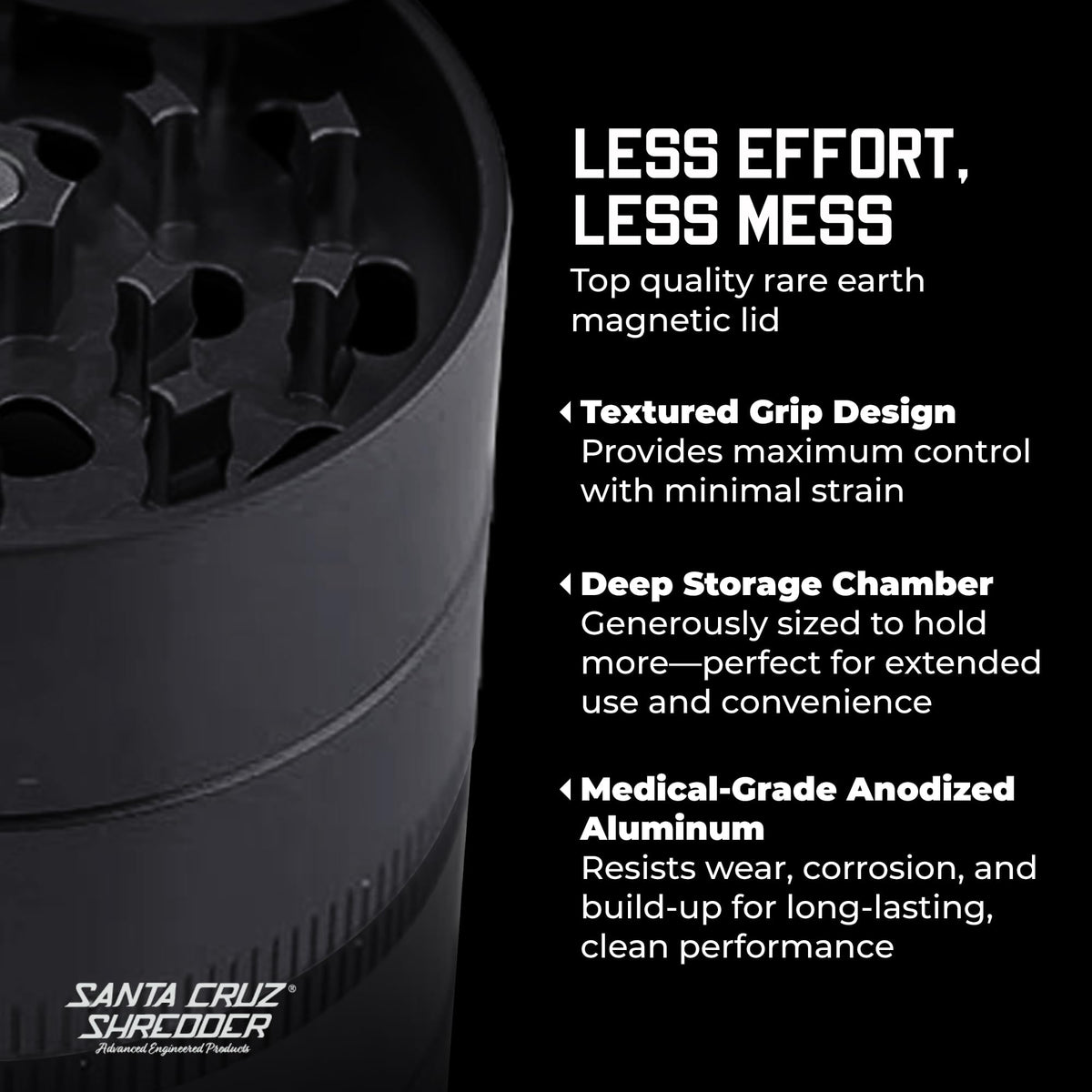 Santa Cruz Shredder 45-sharp-teeth close-up demonstrating efficient, fluffy grind.