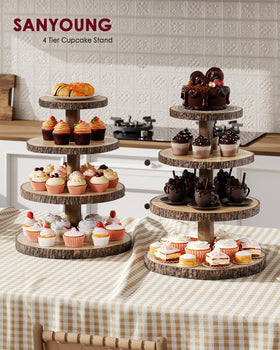 SANYOUNG wood cupcake stand showing varied tray diameters for versatility