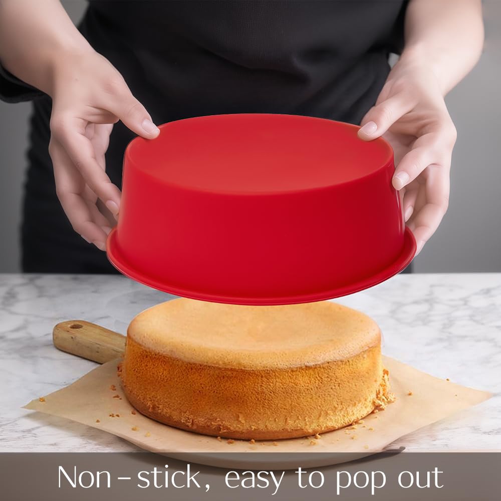 Saphe 6-inch round silicone cake pan, side view, flexible non-stick release.