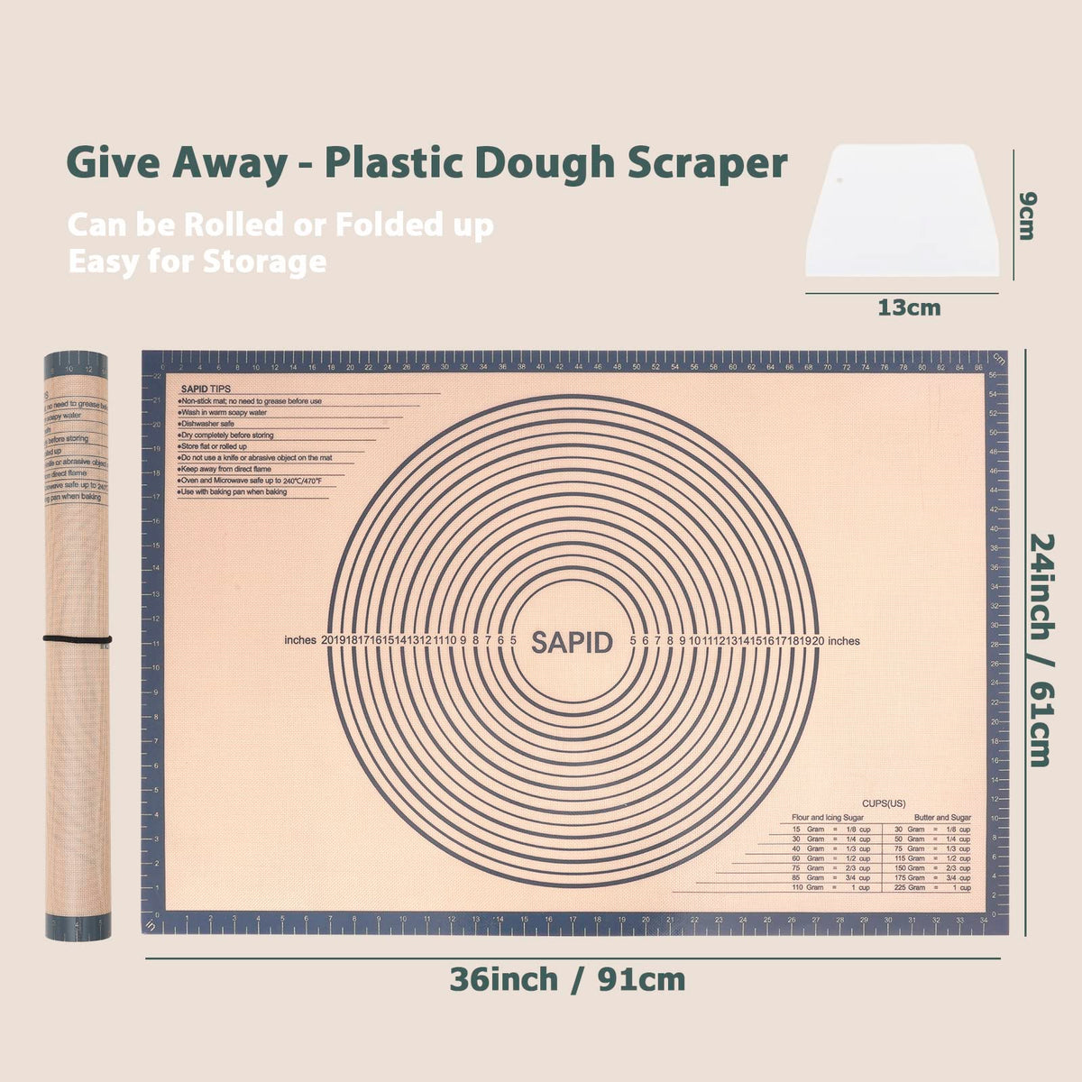 SAPID nonstick silicone surface reduces dough sticking during rolling
