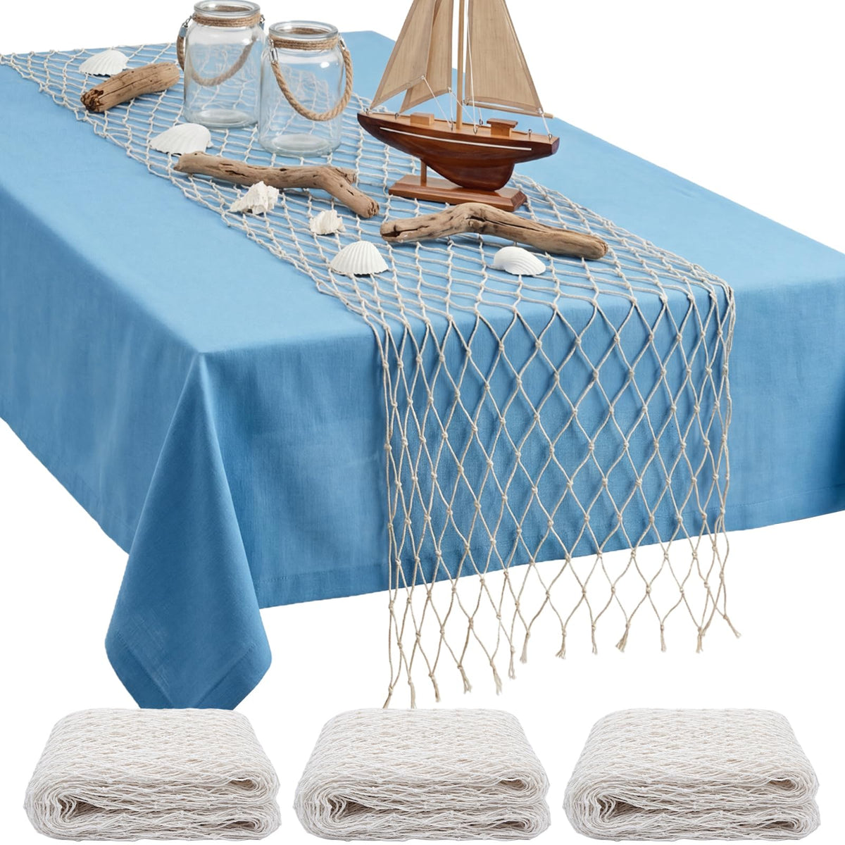 SATINIOR fish net table runner in nautical style for beach party décor.