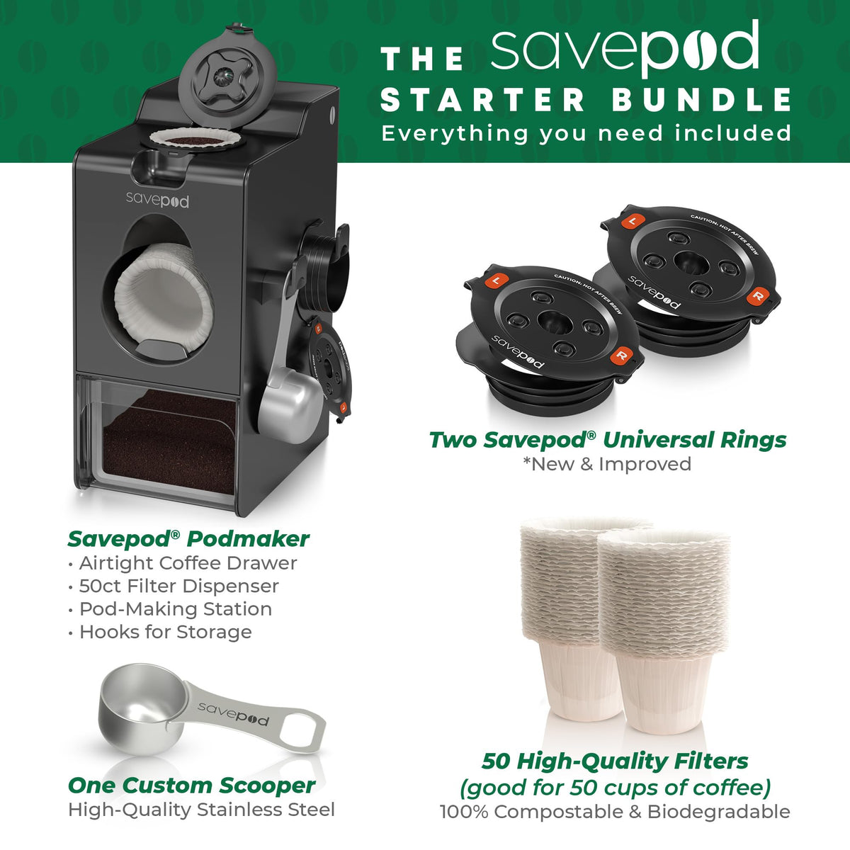Savepod bundle stainless scoop measures grounds precisely for consistent brews.