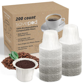 Savepod paper filters package closeup for eco-friendly single-serve brewing.