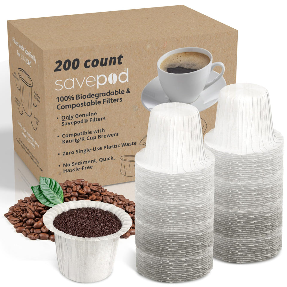 Savepod paper filters package closeup for eco-friendly single-serve brewing.