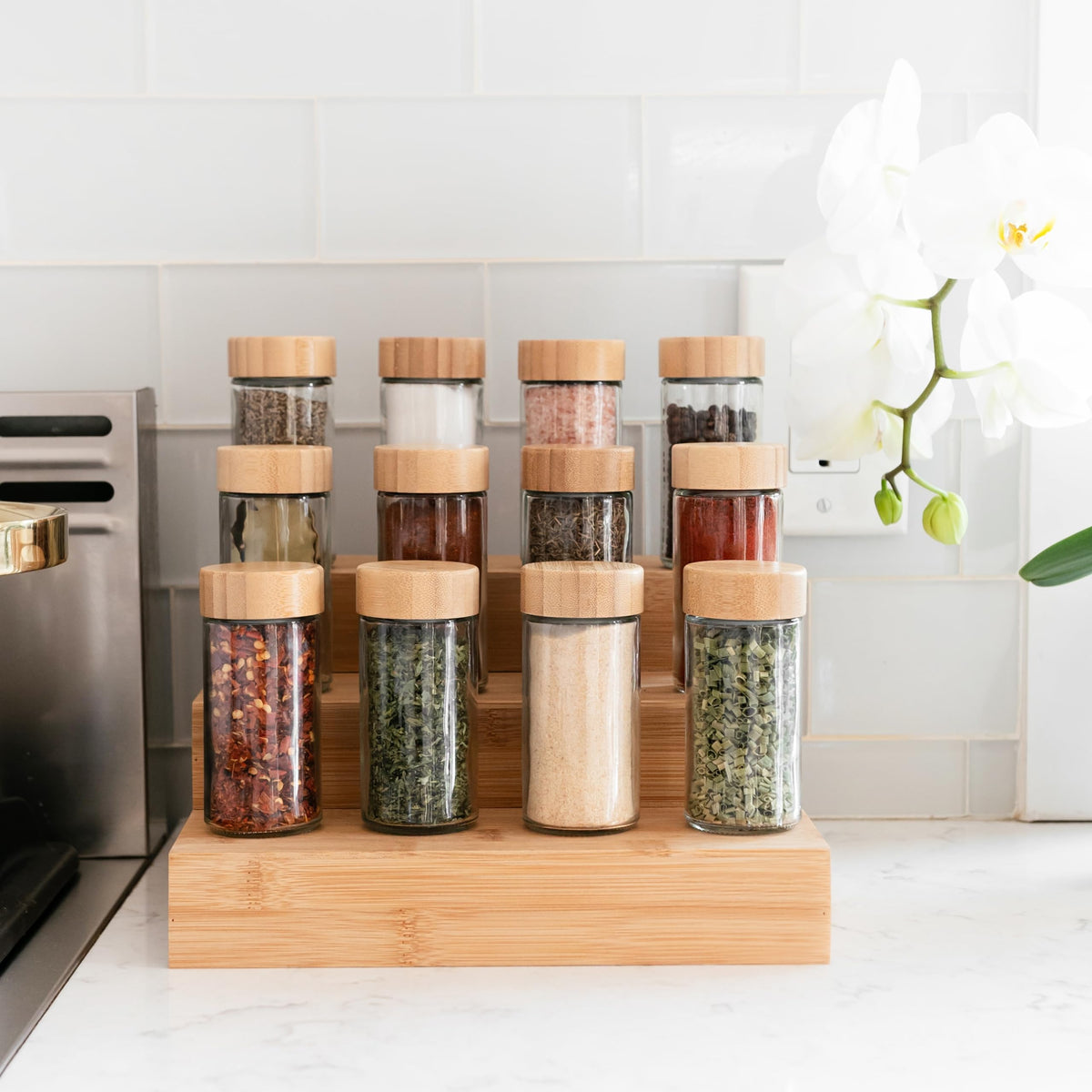Bamboo lids shown for secure airtight spice storage