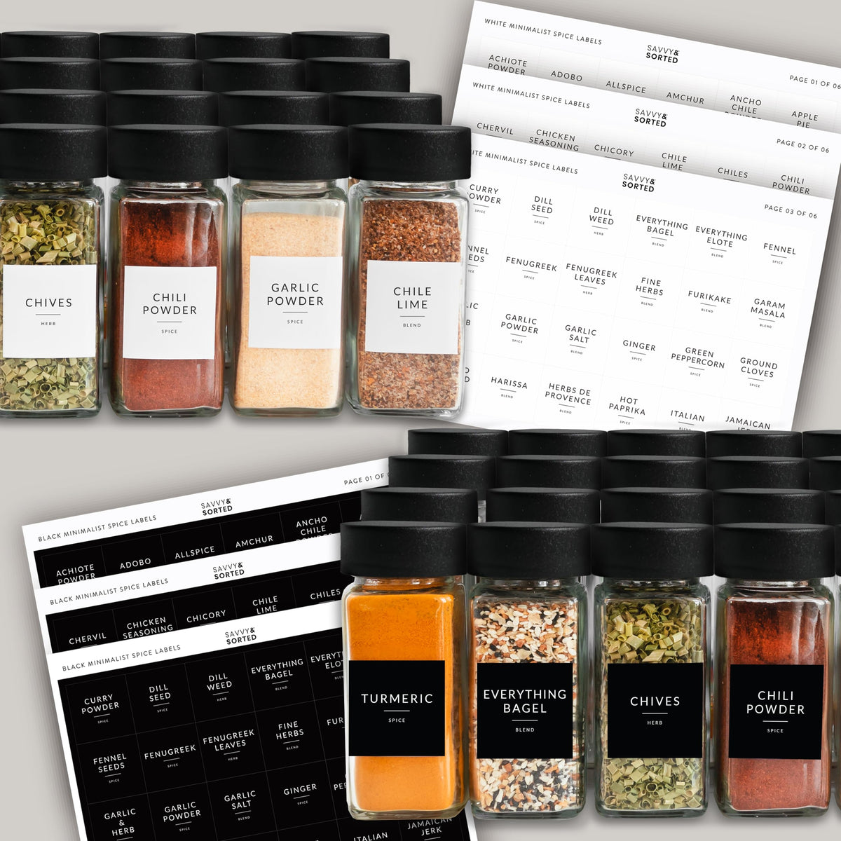 SAVVY & SORTED black-lid jars offer a minimalist pantry look.