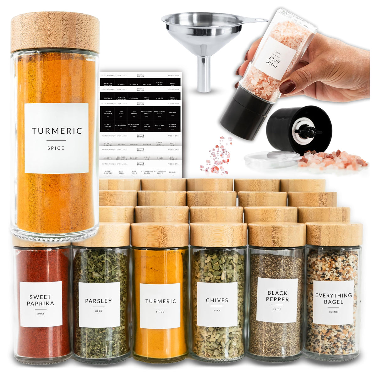SAVVY AND SORTED glass spice jars organized in a drawer for storage