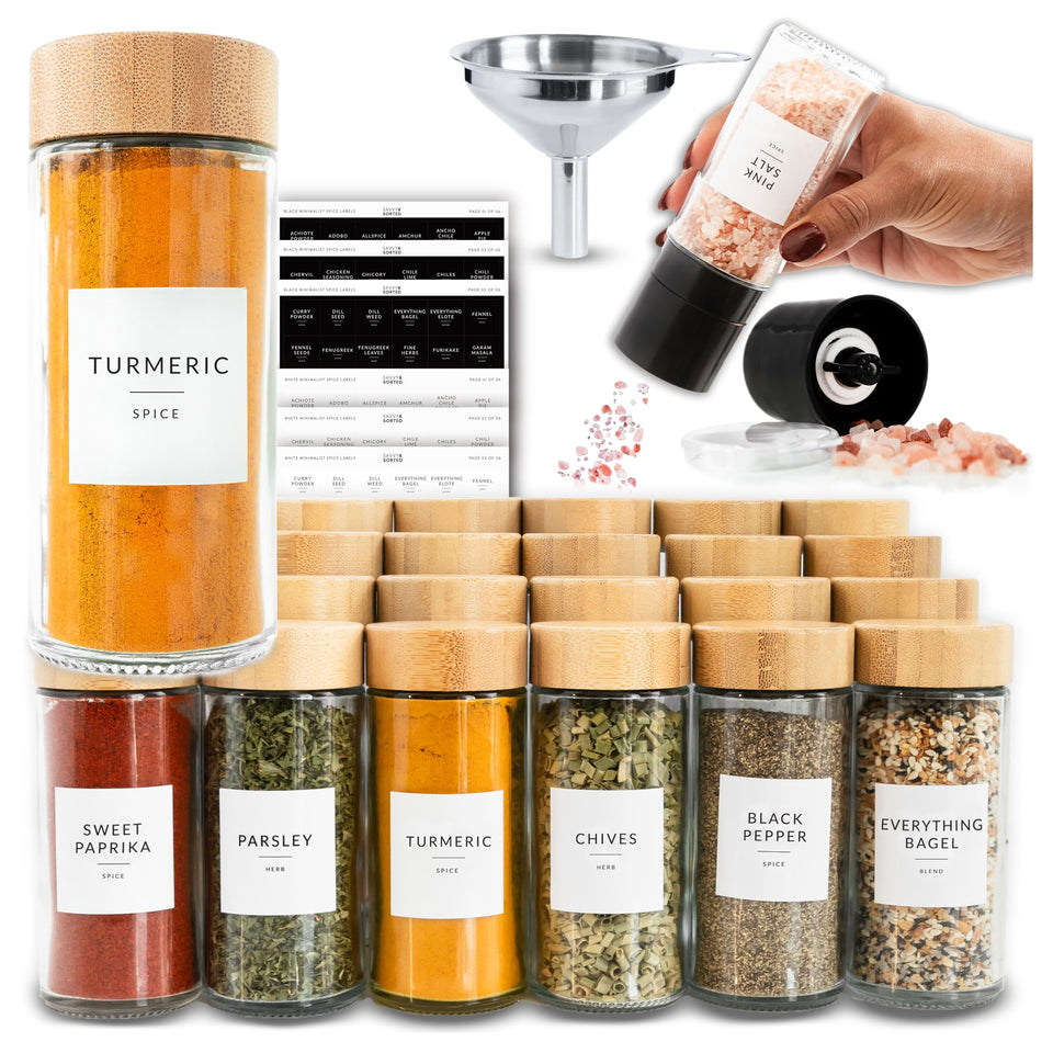 SAVVY AND SORTED glass spice jars organized in a drawer for storage