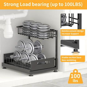 Saydear under sink organizer dimensions 14.2 by 10.6 by 14.2 inches fit standard cabinets.