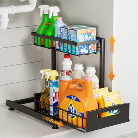 Saydear under-sink organizer with 2-tier pull-out maximizes cabinet space.