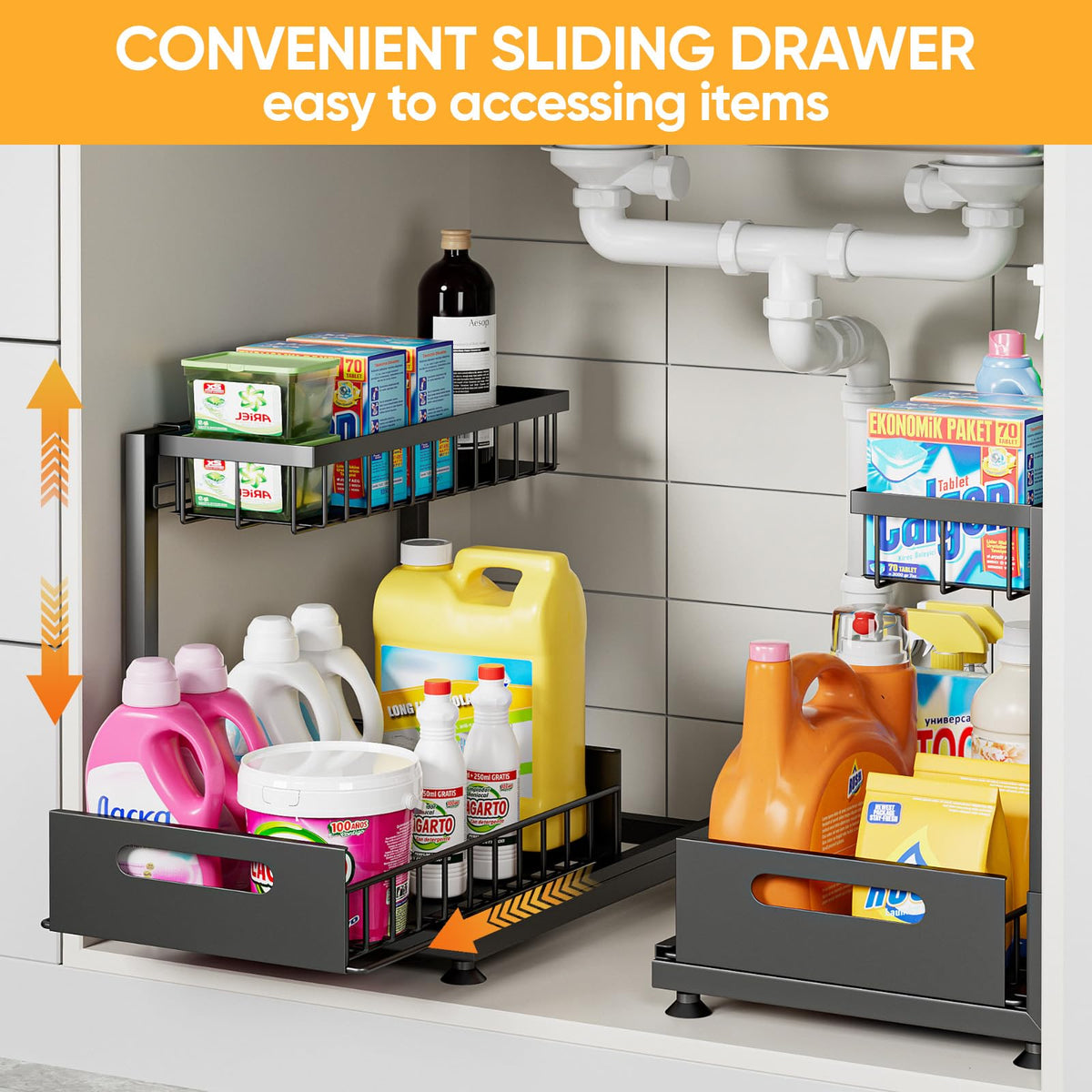 Saydear under-sink organizer suitable for kitchen and bathroom storage needs.