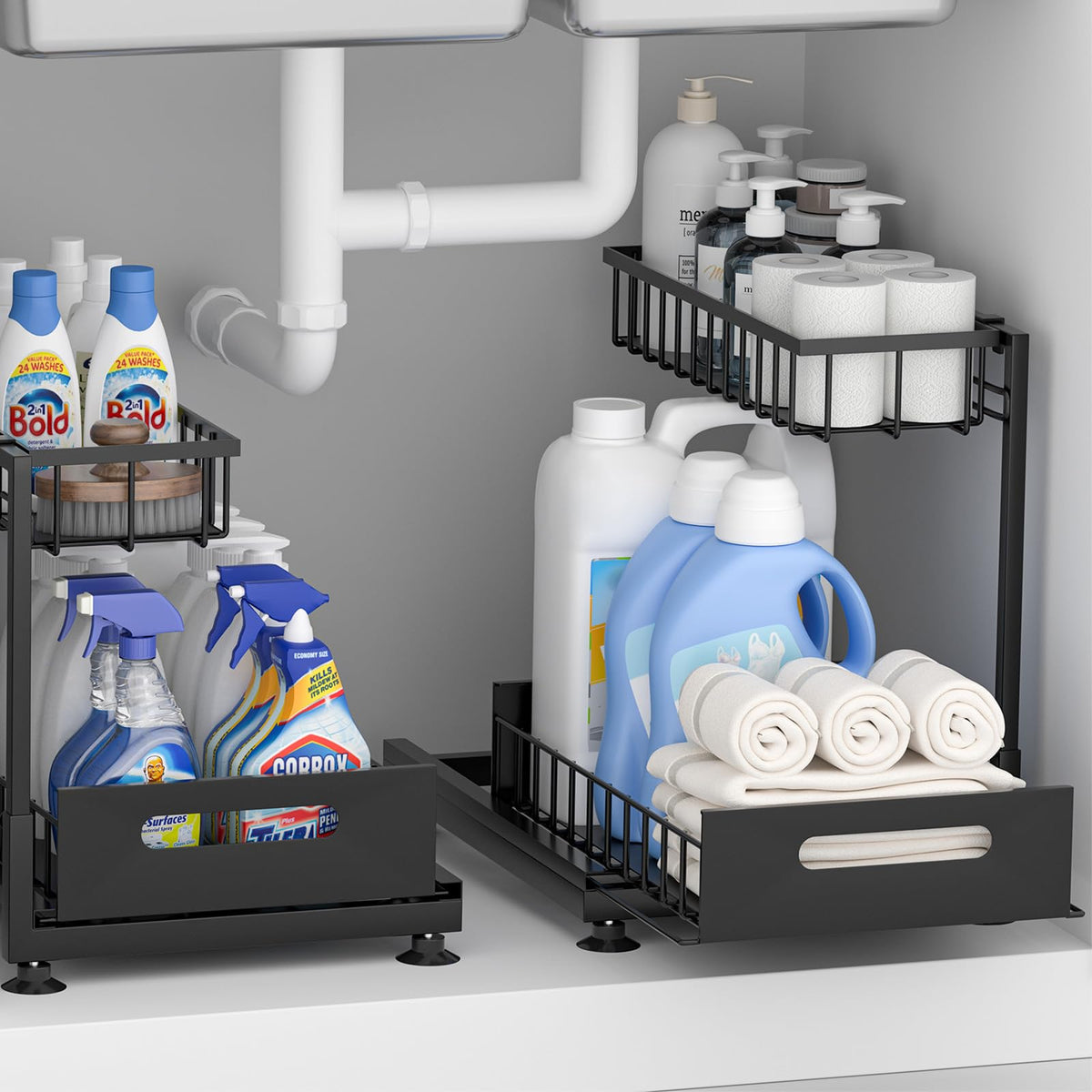Saydear under sink organizer with L-shaped design maximizes vertical space.