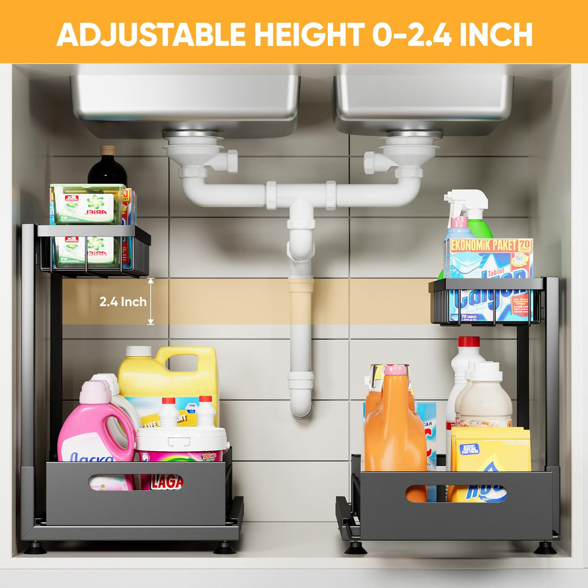 Saydear under-sink organizer sliding drawer provides easy access to items.