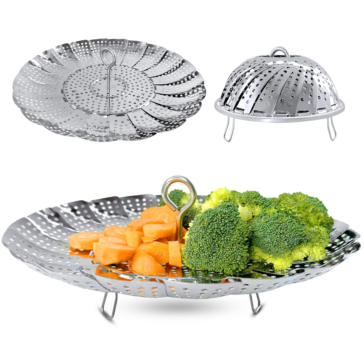 Sayfine vegetable steamer basket folding design enables compact storage and quick setup.