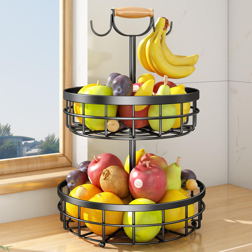 SAYZH two-tier basket with banana hanger, front view for stylish counter storage