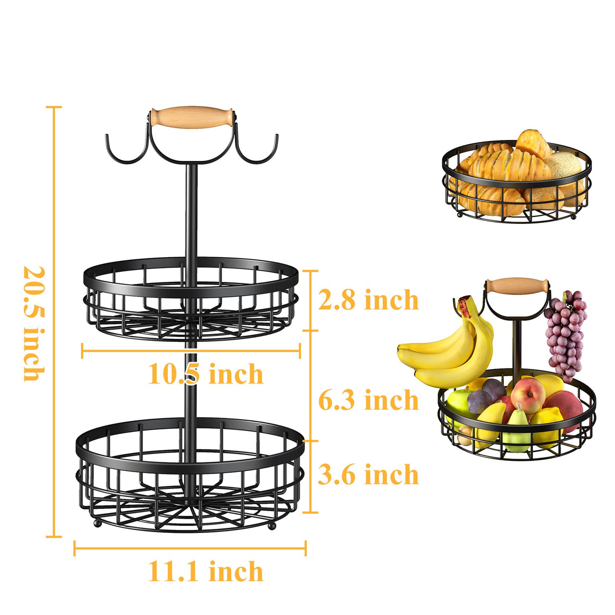 SAYZH two-tier basket with banana hanger, side view showing organized space