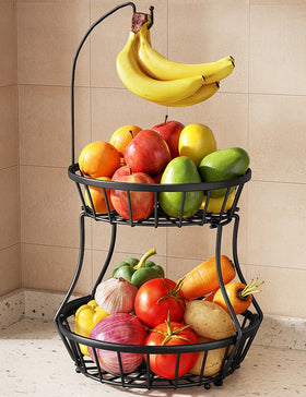 SayZH 2-tier fruit basket with banana hanger on black stand for organized counter storage.