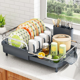SAYZH Dish Drying Rack extends from 15.3 to 22.2 inches for flexible fit.