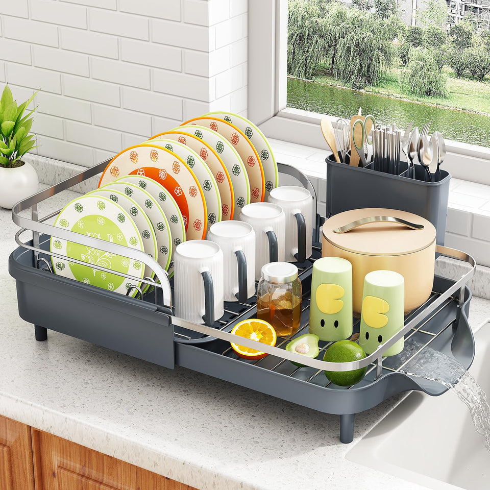SAYZH Dish Drying Rack extends from 15.3 to 22.2 inches for flexible fit.