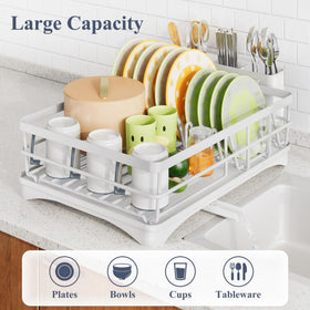 SAYZH dish drying rack on counter showing ample space for bowls and mugs.