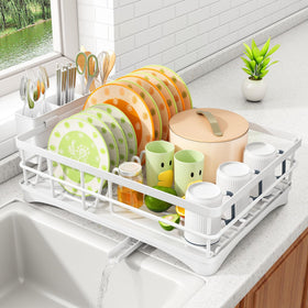 SAYZH dish drying rack on kitchen counter, stainless steel, large capacity for plates and glasses.