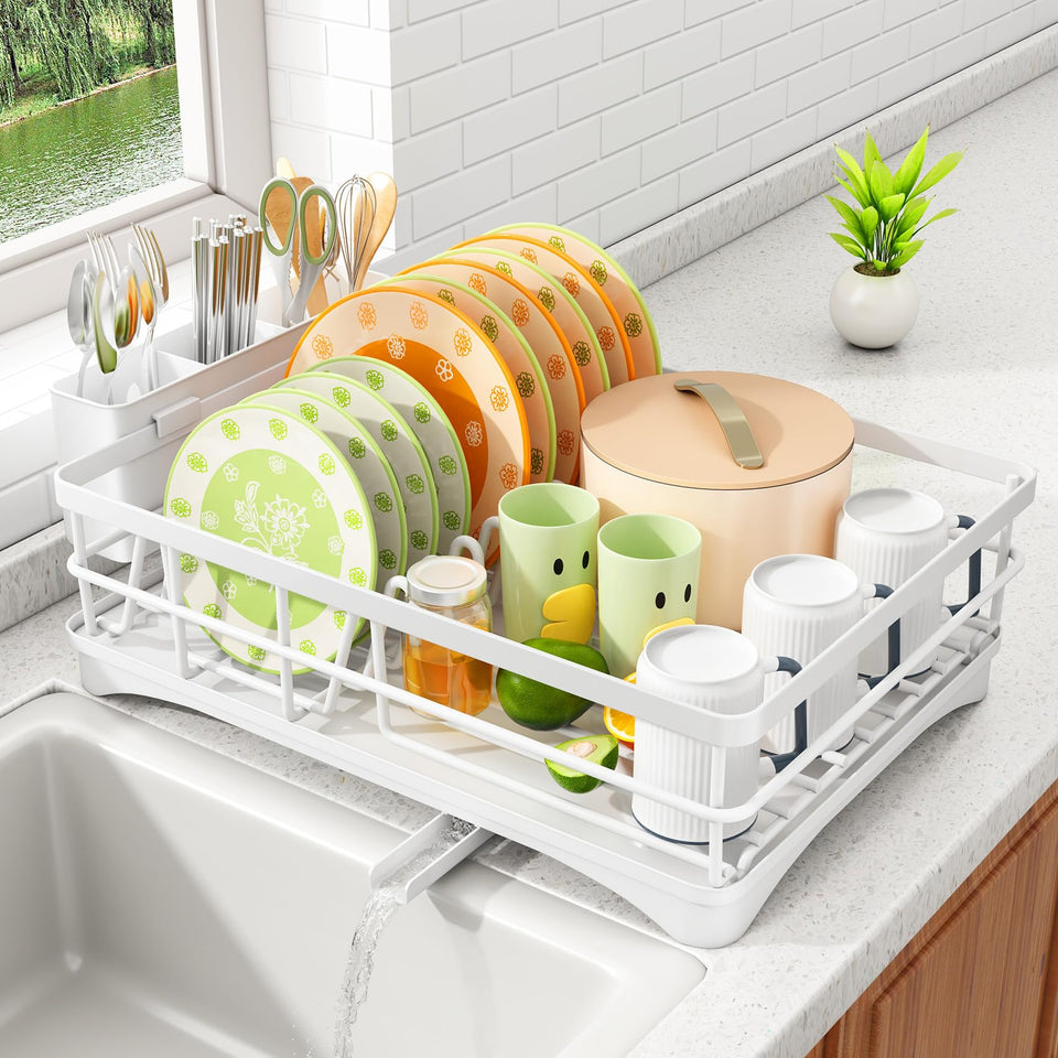 SAYZH dish drying rack on kitchen counter, stainless steel, large capacity for plates and glasses.