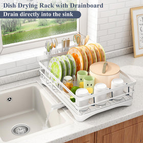 SAYZH dish drying rack with three-slot utensil holder keeps cutlery neatly organized.