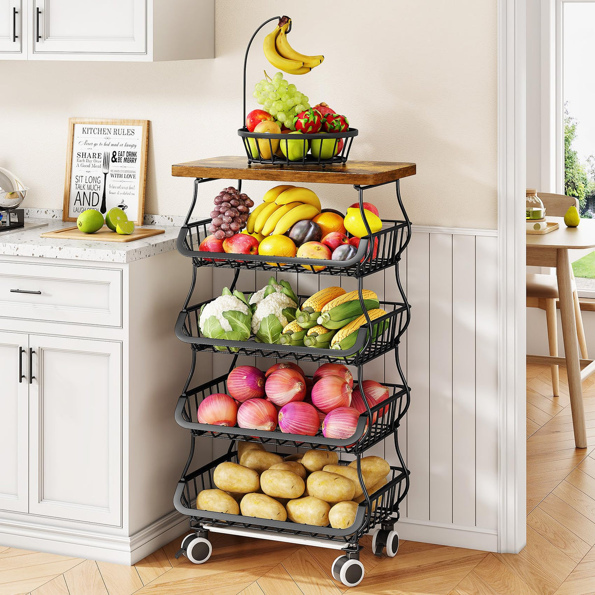 SayZH fruit basket cart with wooden top, ideal for organized fruit and pantry storage.