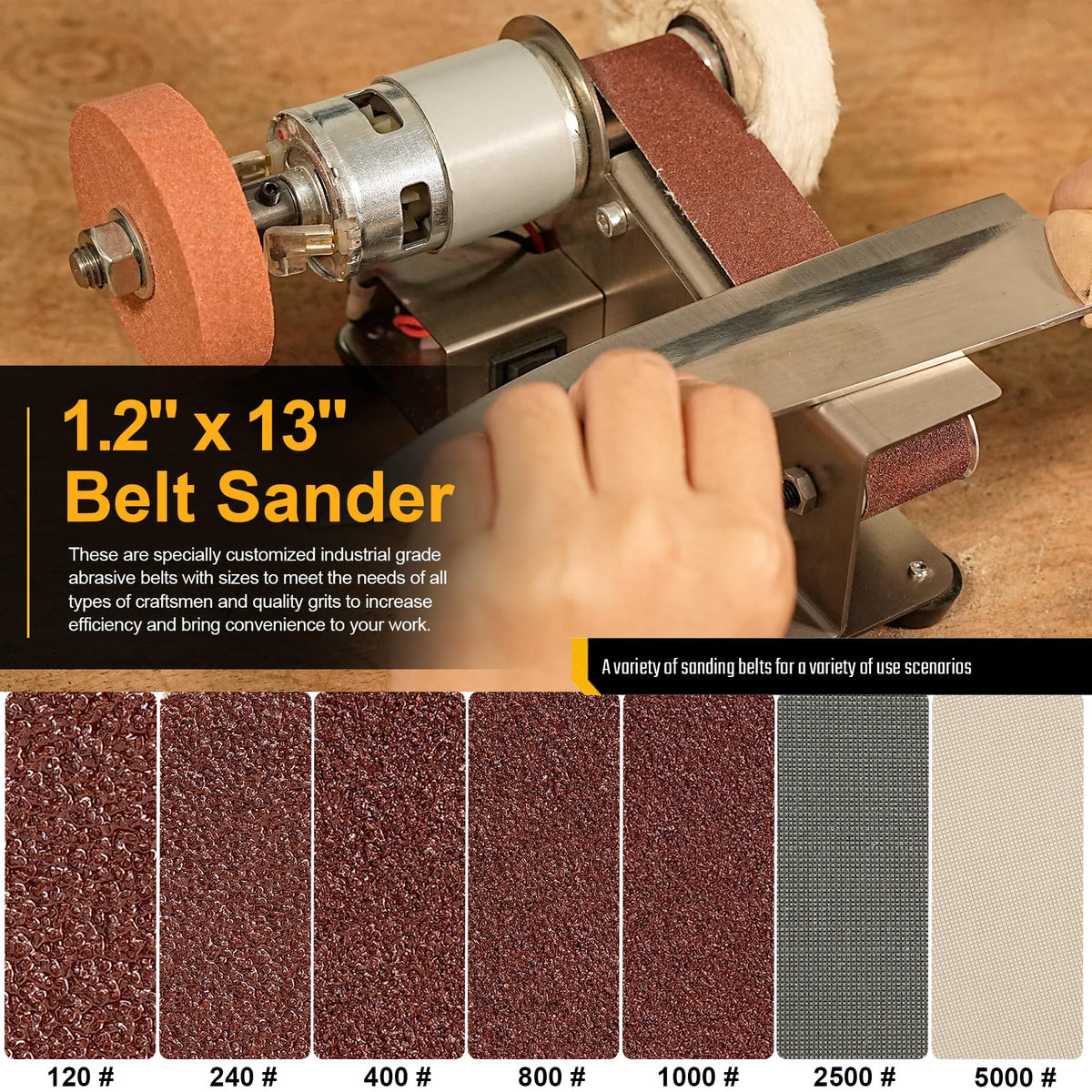 Sbestily sharpener top view displays the control panel and belt arrangement