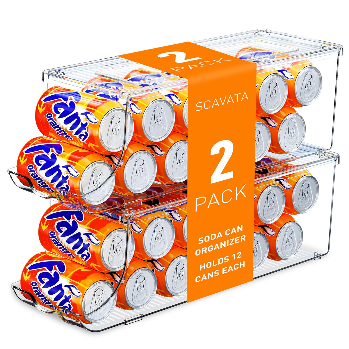SCAVATA 2-pack soda can organizer in fridge keeps cans neatly accessible.