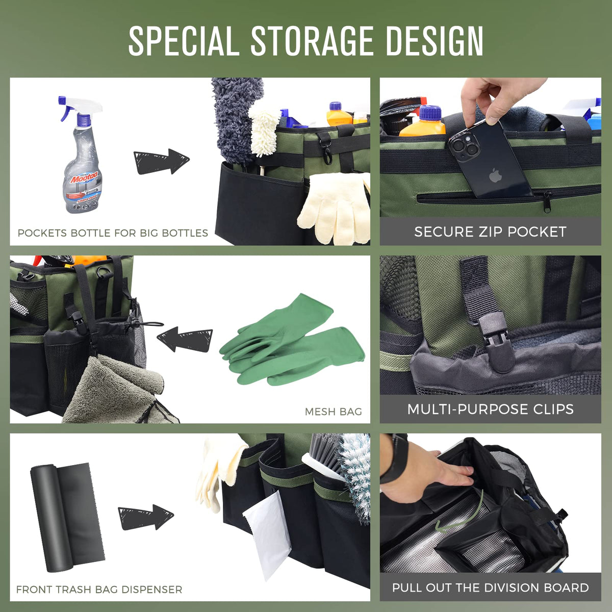 SCAVATA cleaning organizer outer pockets support quick access to tools during chores