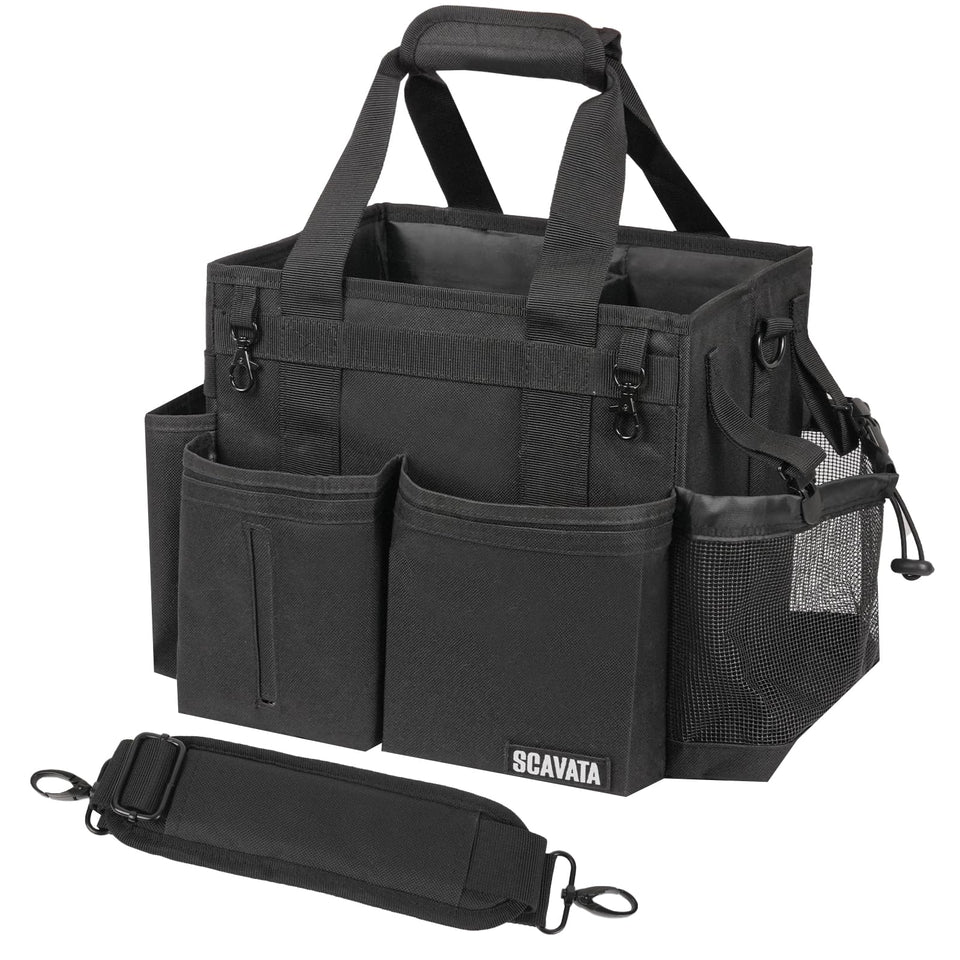SCAVATA compact wearable caddy front view for easy on-the-go cleaning supplies.