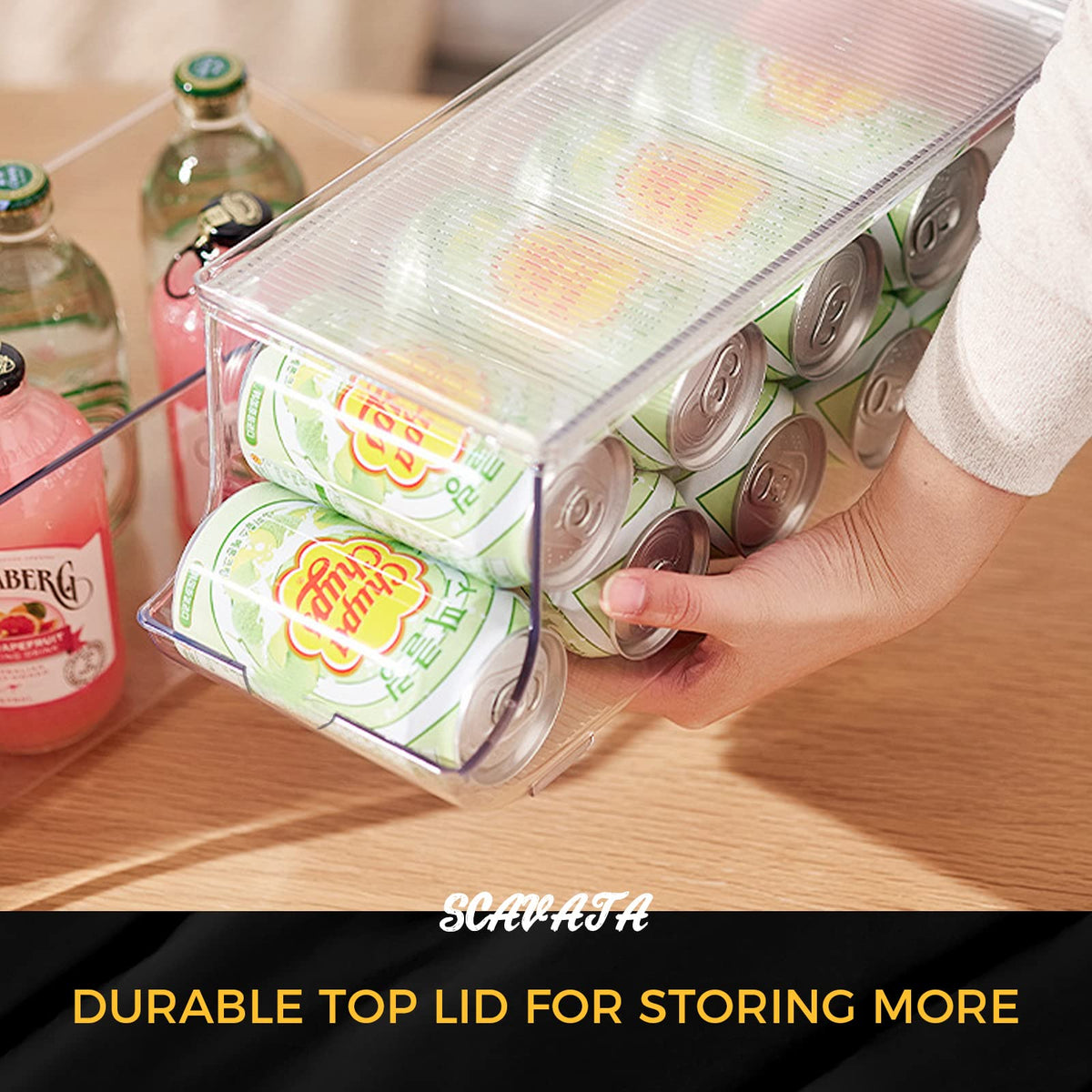 SCAVATA freezer storage can bin helps organize beverages efficiently.