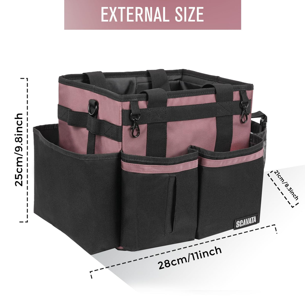 Internal adjustable dividers in SCAVATA caddy customize space for tools.