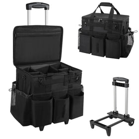 SCAVATA rolling cleaning caddy front view with ample space for sprays and towels.