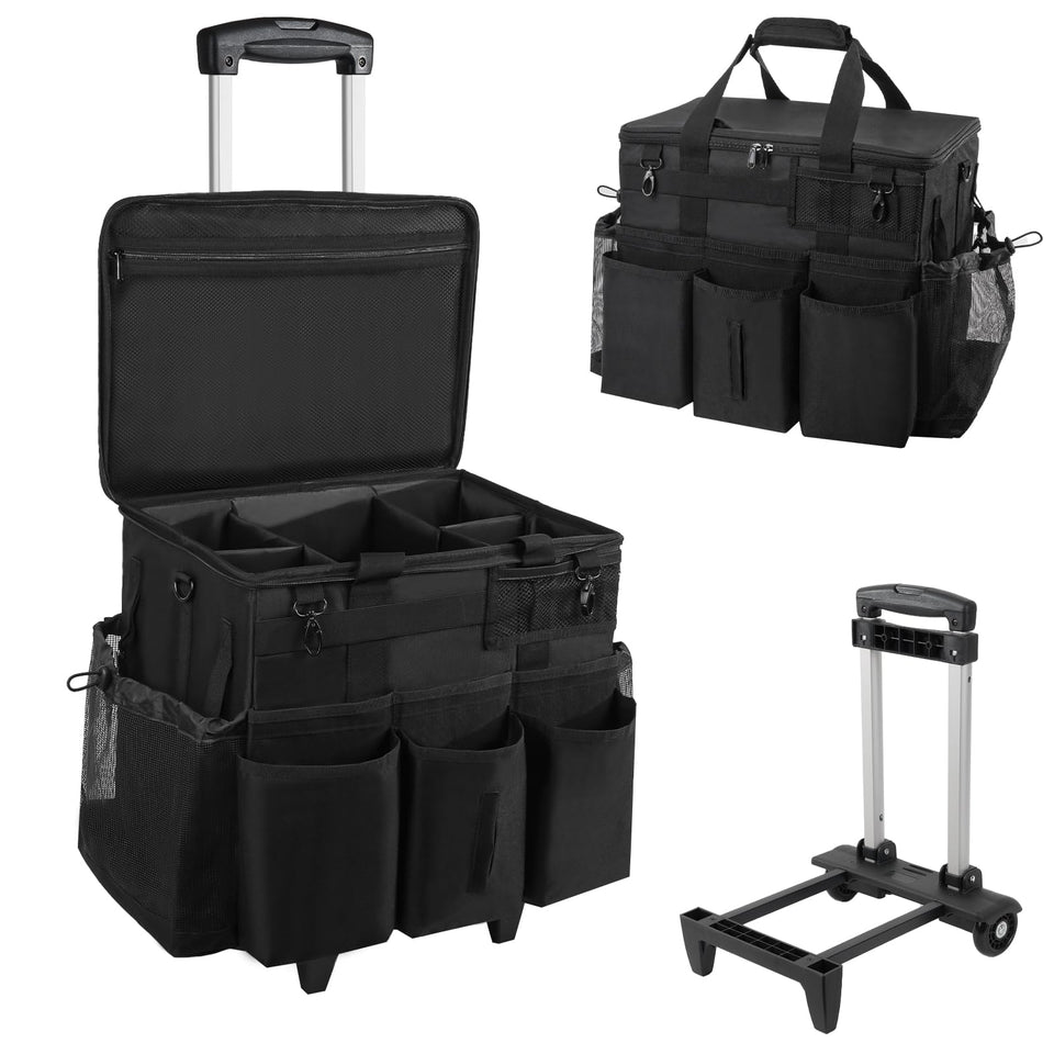 SCAVATA rolling cleaning caddy front view with ample space for sprays and towels.