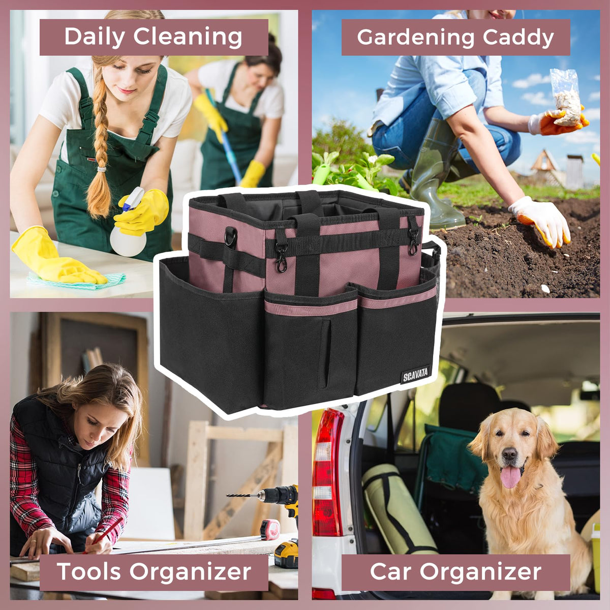 Secure zip pocket in SCAVATA caddy stores small items safely during tasks.